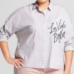 A New Day La Vida Es Bella Pinstripe Long Sleeve Button Down Top Size XXL EUC
